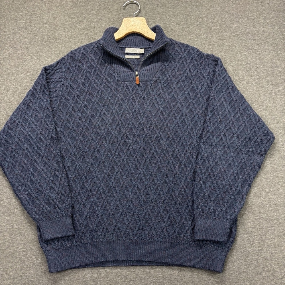 Talbots Sweater Mens XL 100% Alpaca Wool Zip Neck Cable Knit Textured Blue